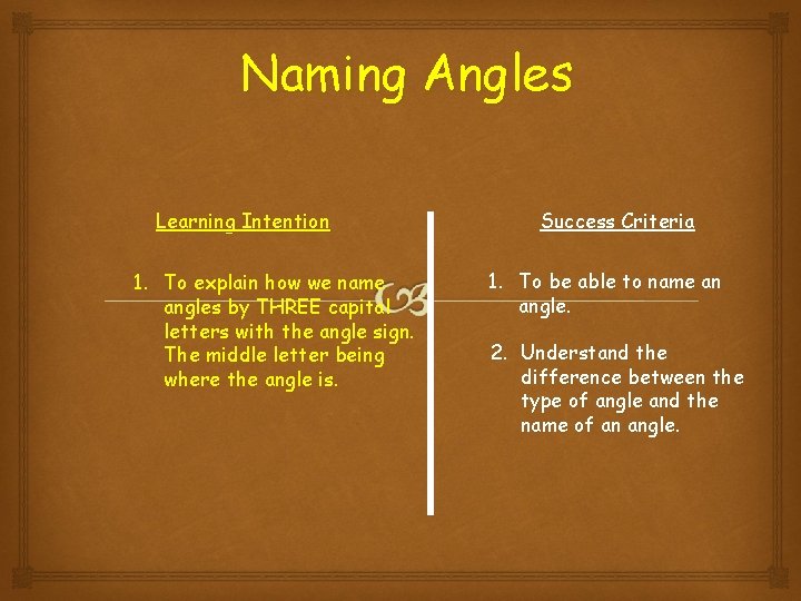 Naming Angles Learning Intention 1. To explain how we name angles by THREE capital