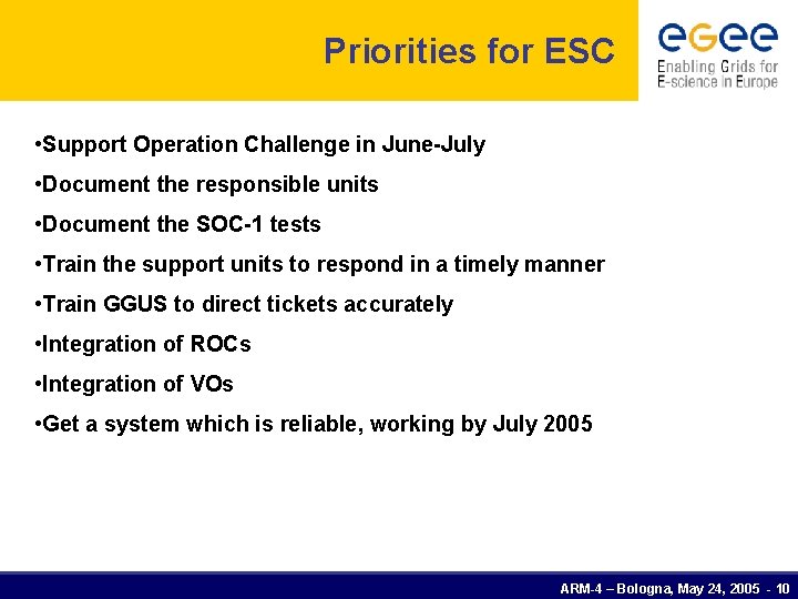 Priorities for ESC • Support Operation Challenge in June-July • Document the responsible units