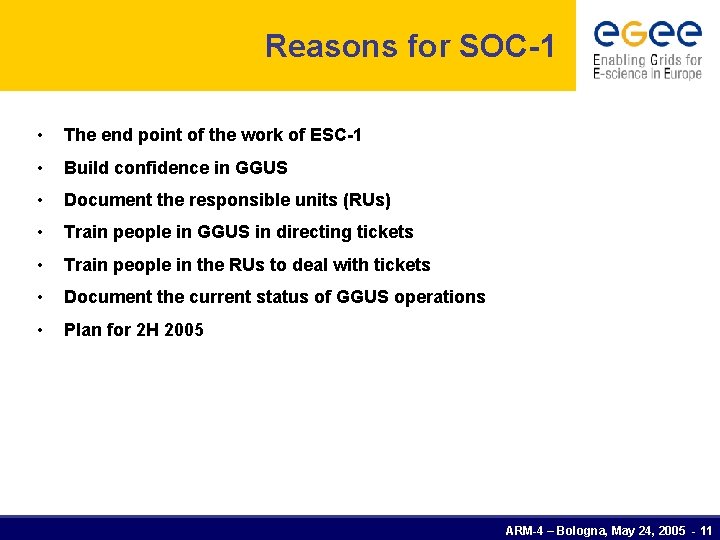 Reasons for SOC-1 • The end point of the work of ESC-1 • Build