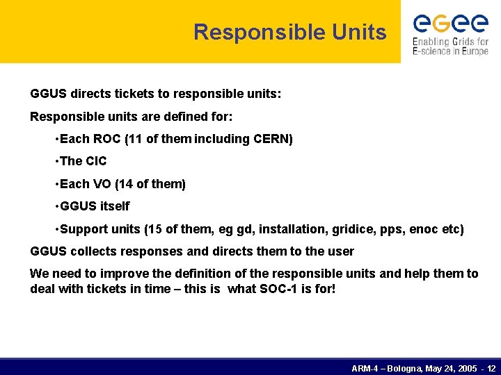 Responsible Units GGUS directs tickets to responsible units: Responsible units are defined for: •