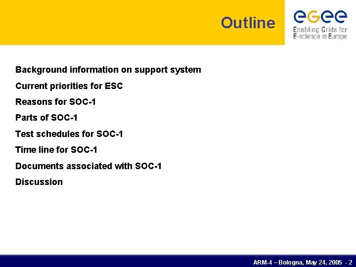 Outline Background information on support system Current priorities for ESC Reasons for SOC-1 Parts