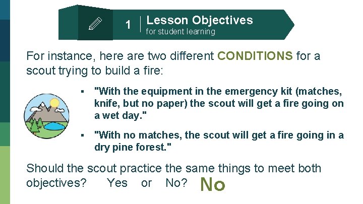 1 Lesson Objectives for student learning For instance, here are two different CONDITIONS for