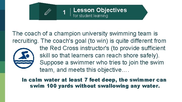 1 Lesson Objectives for student learning The coach of a champion university swimming team