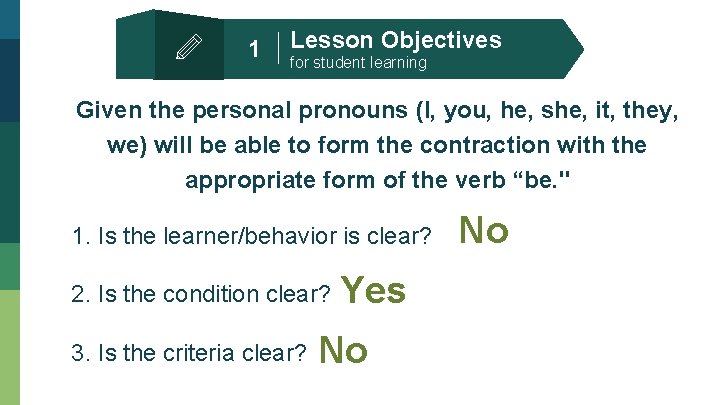 1 Lesson Objectives for student learning Given the personal pronouns (I, you, he, she,