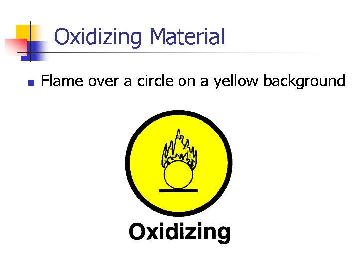 Oxidizing Material n Flame over a circle on a yellow background 