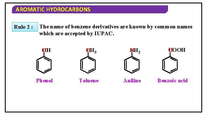 AROMATIC HYDROCARBONS Rule 2 : The name of benzene derivatives are known by common