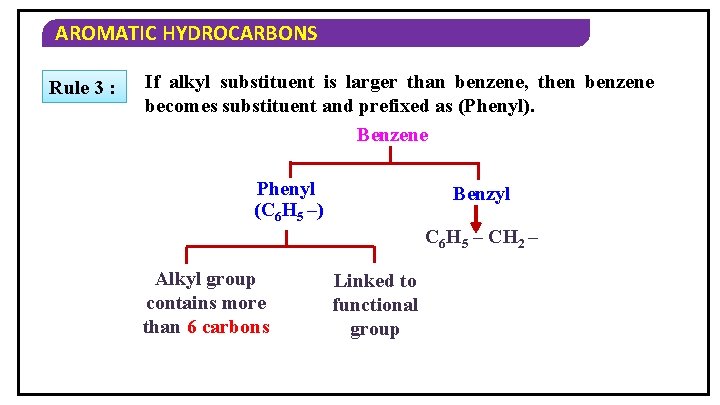 AROMATIC HYDROCARBONS Rule 3 : If alkyl substituent is larger than benzene, then benzene