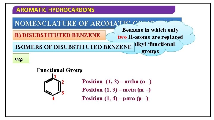 AROMATIC HYDROCARBONS NOMENCLATURE OF AROMATIC COMPOUNDS Benzene in which only B) DISUBSTITUTED BENZENE two