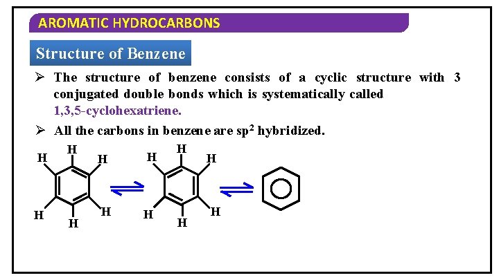 AROMATIC HYDROCARBONS Structure of Benzene Ø The structure of benzene consists of a cyclic