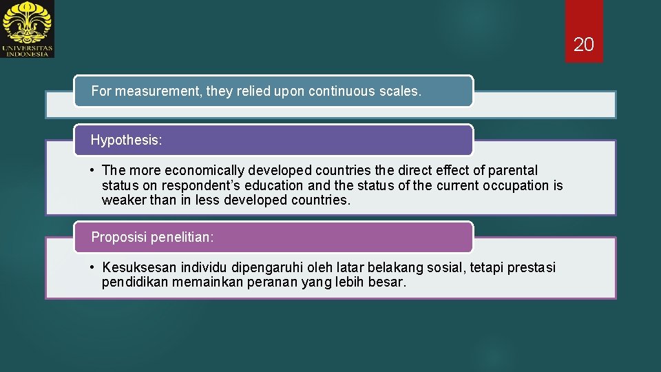 20 For measurement, they relied upon continuous scales. Hypothesis: • The more economically developed