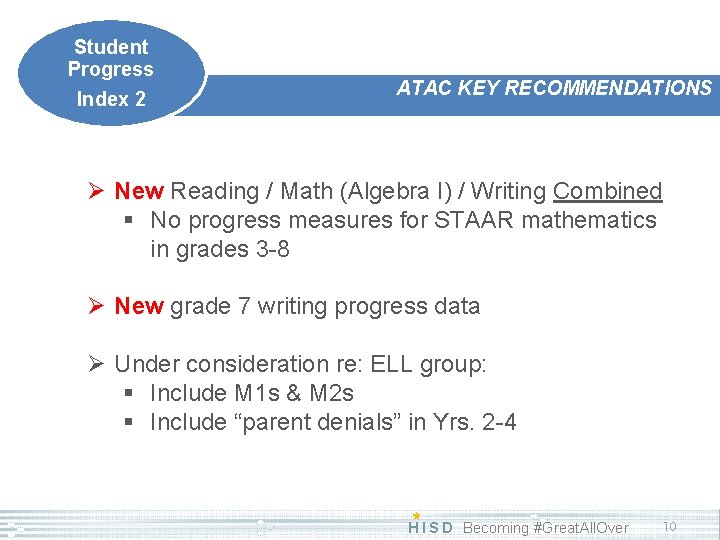 Student Progress Index 2 ATAC KEY RECOMMENDATIONS Ø New Reading / Math (Algebra I)