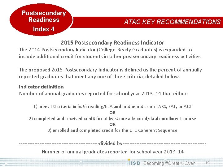 Postsecondary Readiness Index 4 ATAC KEY RECOMMENDATIONS 2015 Postsecondary Readiness Indicator The 2014 Postsecondary