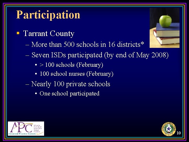 Participation § Tarrant County – More than 500 schools in 16 districts* – Seven