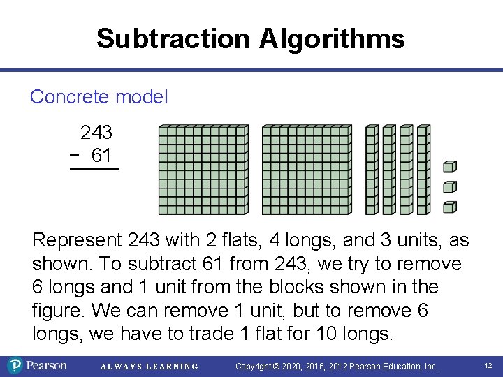 Subtraction Algorithms Concrete model 243 − 61 Represent 243 with 2 flats, 4 longs,