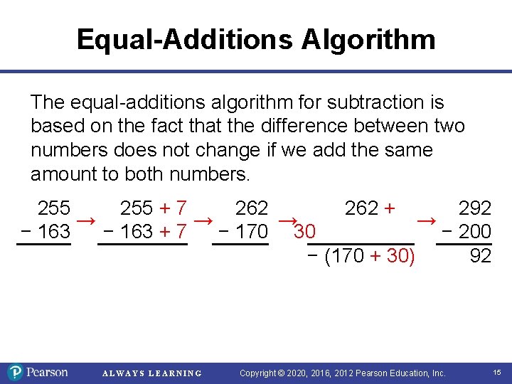 Equal-Additions Algorithm The equal-additions algorithm for subtraction is based on the fact that the