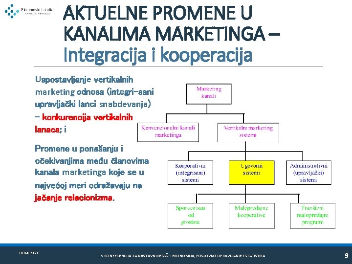 AKTUELNE PROMENE U KANALIMA MARKETINGA – Integracija i kooperacija Uspostavljanje vertikalnih marketing odnosa (integri-sani