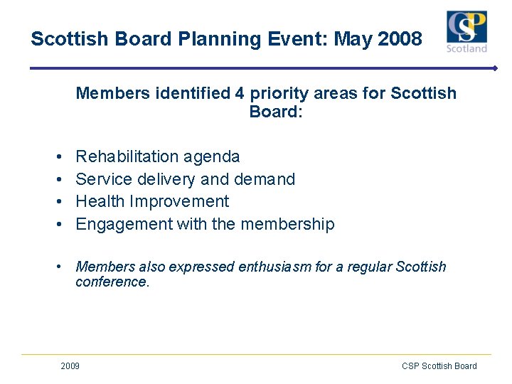 Scottish Board Planning Event: May 2008 Members identified 4 priority areas for Scottish Board: