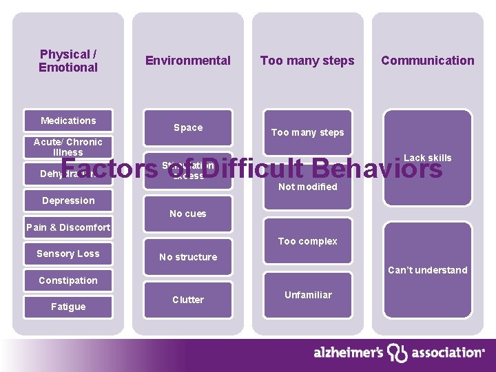 Physical / Emotional Medications Environmental Too many steps Space Too many steps Acute/ Chronic