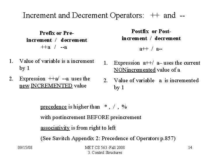 Increment and Decrement Operators: ++ and -Postfix or Postincrement / decrement Prefix or Preincrement