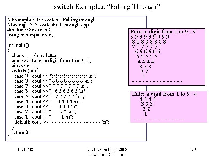 switch Examples: “Falling Through” // Example 3. 10: switch - Falling through //Listing L