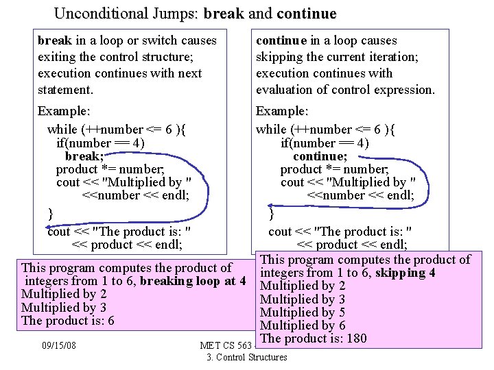 Unconditional Jumps: break and continue break in a loop or switch causes exiting the