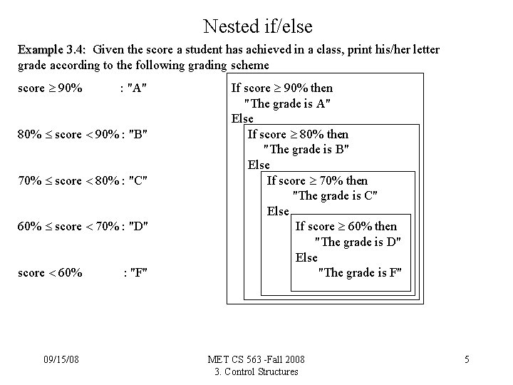 Nested if/else Example 3. 4: Given the score a student has achieved in a
