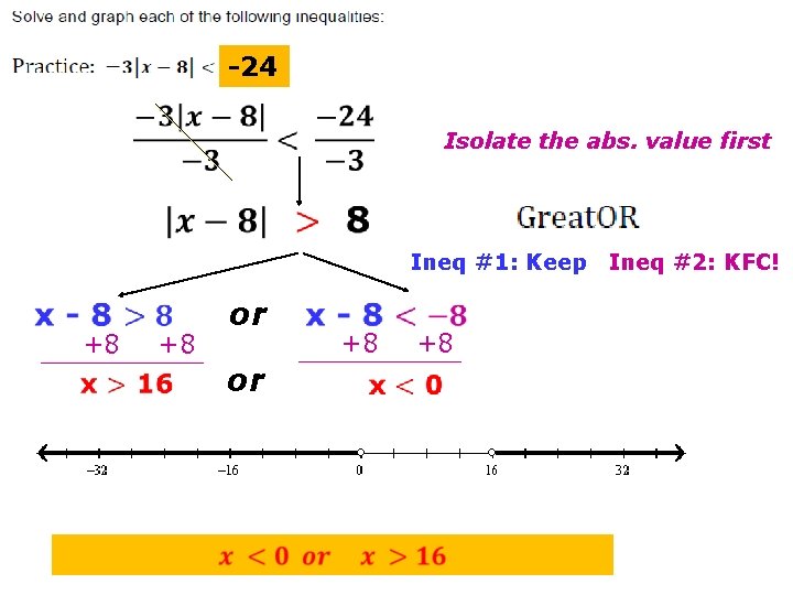 -24 Isolate the abs. value first Ineq #1: Keep Ineq #2: KFC! +8 +8