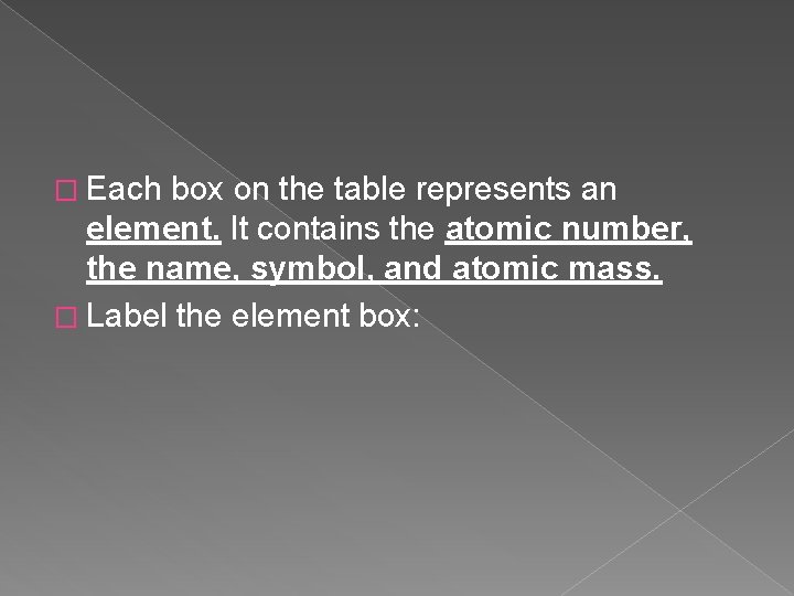 � Each box on the table represents an element. It contains the atomic number,