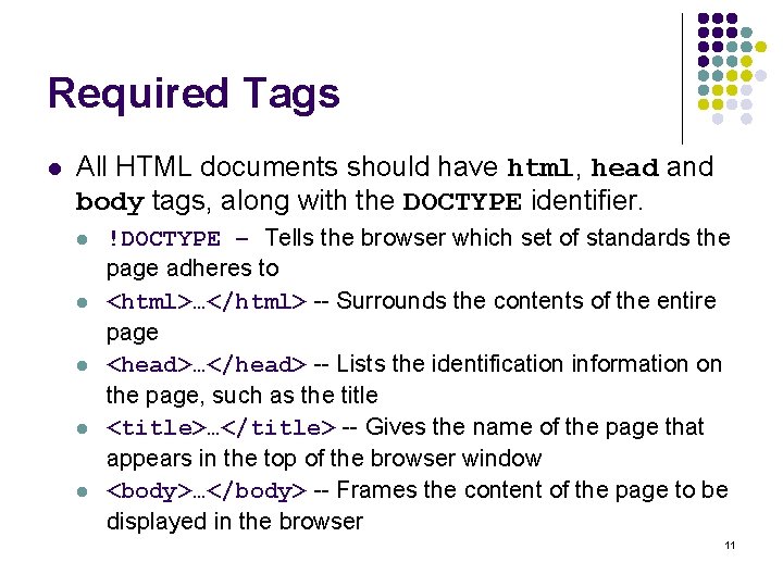 Required Tags l All HTML documents should have html, head and body tags, along