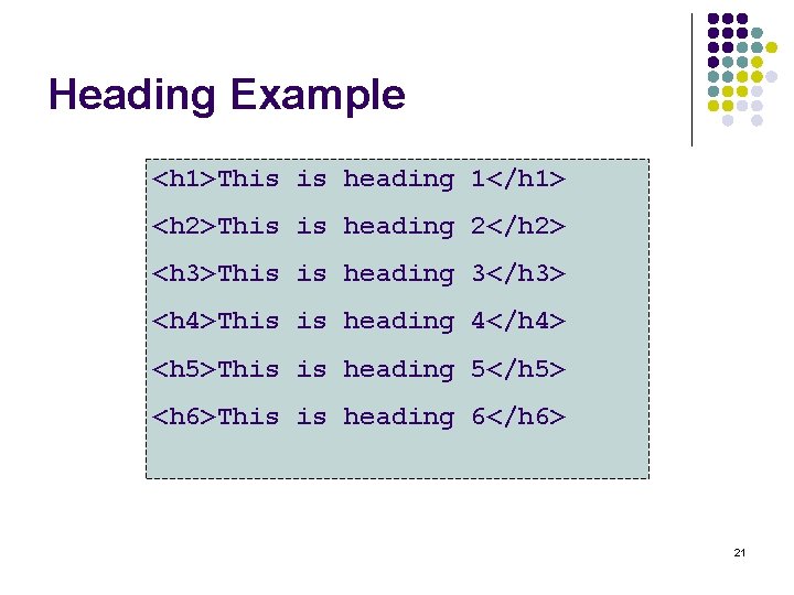 Heading Example <h 1>This is heading 1</h 1> <h 2>This is heading 2</h 2>