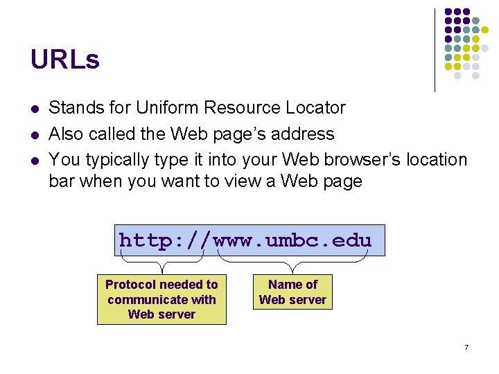 URLs l l l Stands for Uniform Resource Locator Also called the Web page’s
