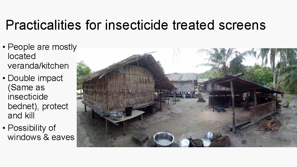 Practicalities for insecticide treated screens • People are mostly located veranda/kitchen • Double impact