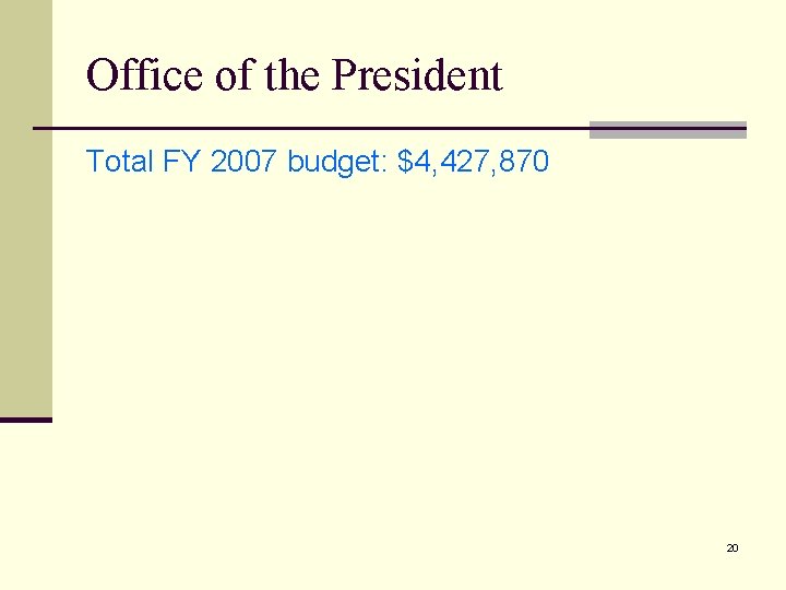 Office of the President Total FY 2007 budget: $4, 427, 870 20 