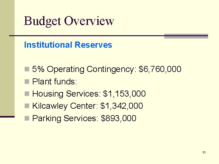 Budget Overview Institutional Reserves n 5% Operating Contingency: $6, 760, 000 n Plant funds: