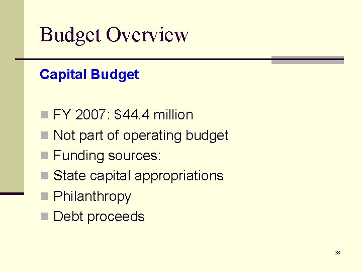 Budget Overview Capital Budget n FY 2007: $44. 4 million n Not part of