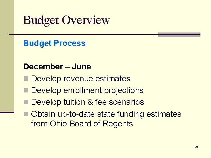 Budget Overview Budget Process December – June n Develop revenue estimates n Develop enrollment