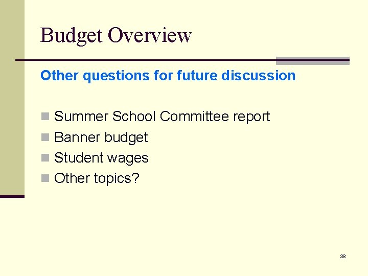 Budget Overview Other questions for future discussion n Summer School Committee report n Banner