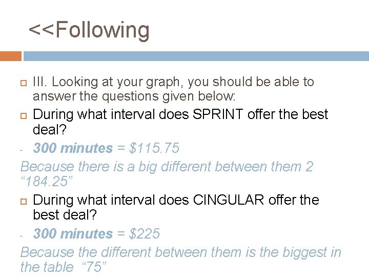 <<Following III. Looking at your graph, you should be able to answer the questions