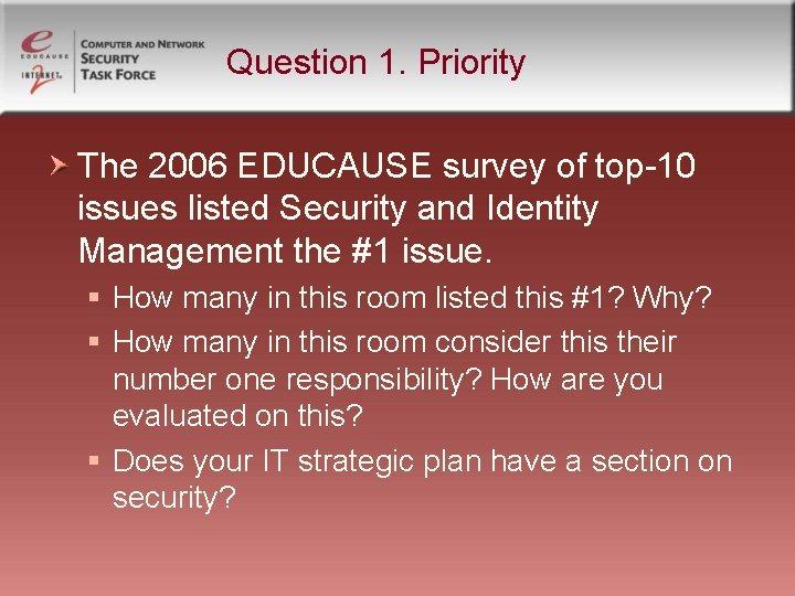 Question 1. Priority The 2006 EDUCAUSE survey of top-10 issues listed Security and Identity