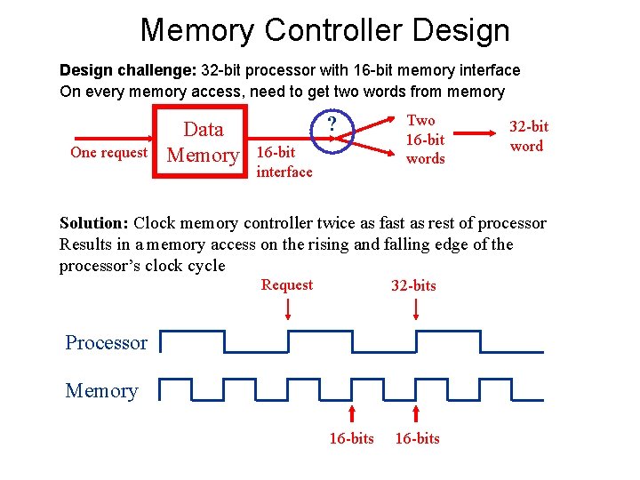 Memory Controller Design challenge: 32 -bit processor with 16 -bit memory interface On every