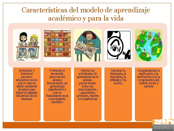 Características del modelo de aprendizaje académico y para la vida Estimular y favorecer procesos