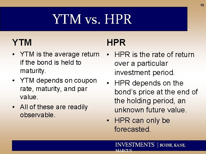 15 YTM vs. HPR YTM HPR • YTM is the average return if the