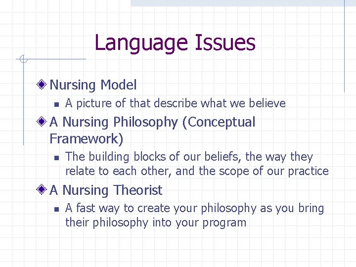 Language Issues Nursing Model n A picture of that describe what we believe A
