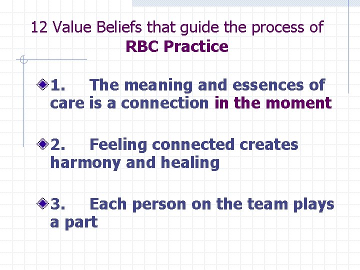 12 Value Beliefs that guide the process of RBC Practice 1. The meaning and
