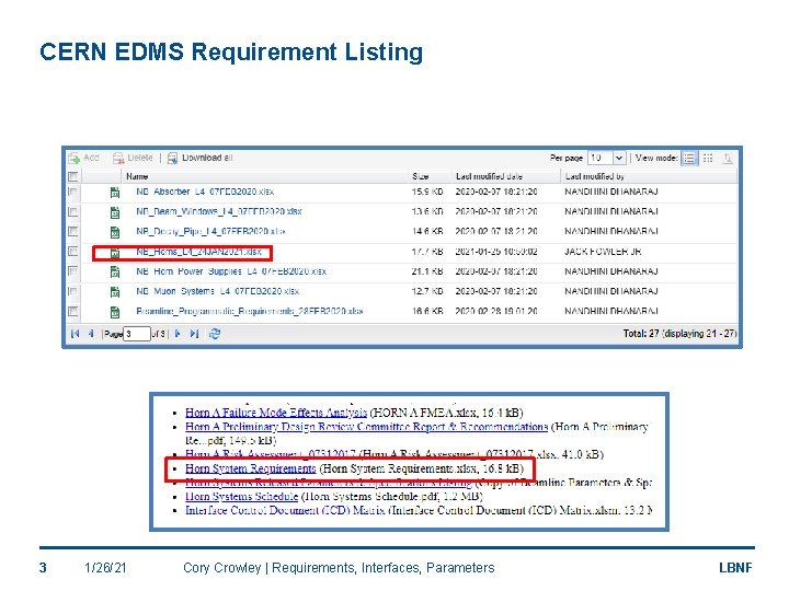 CERN EDMS Requirement Listing 3 1/26/21 Cory Crowley | Requirements, Interfaces, Parameters LBNF 