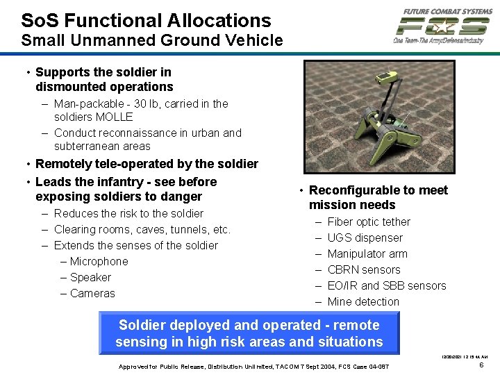So. S Functional Allocations Small Unmanned Ground Vehicle • Supports the soldier in dismounted
