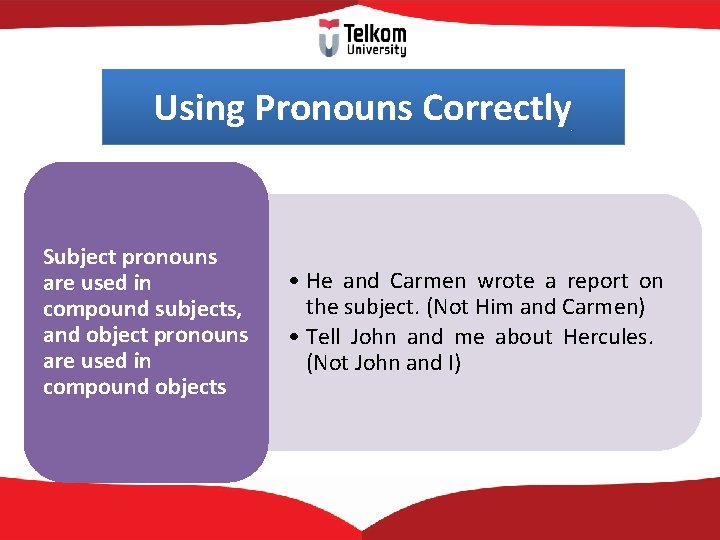 Using Pronouns Correctly Subject pronouns are used in compound subjects, and object pronouns are