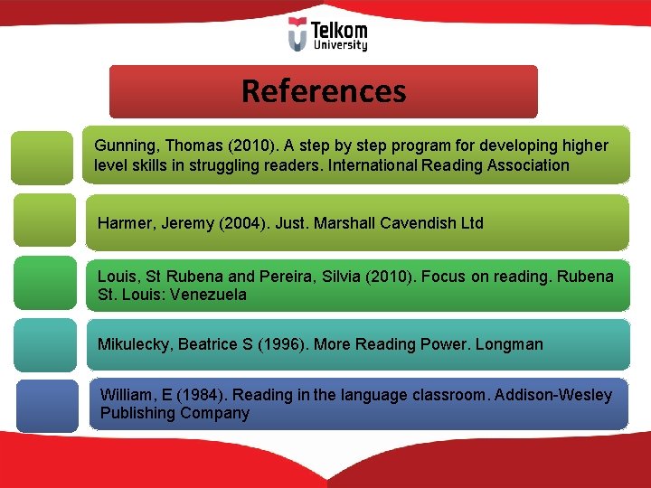 References Gunning, Thomas (2010). A step by step program for developing higher level skills