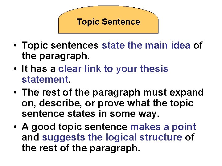 Topic Sentence • Topic sentences state the main idea of the paragraph. • It
