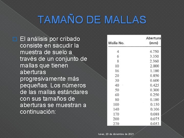 TAMAÑO DE MALLAS � El análisis por cribado consiste en sacudir la muestra de